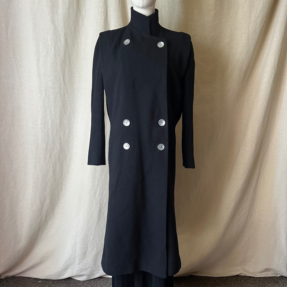 Vintage Karen Black Wool Coat Made USA Double Breasted Long Military Style S/M